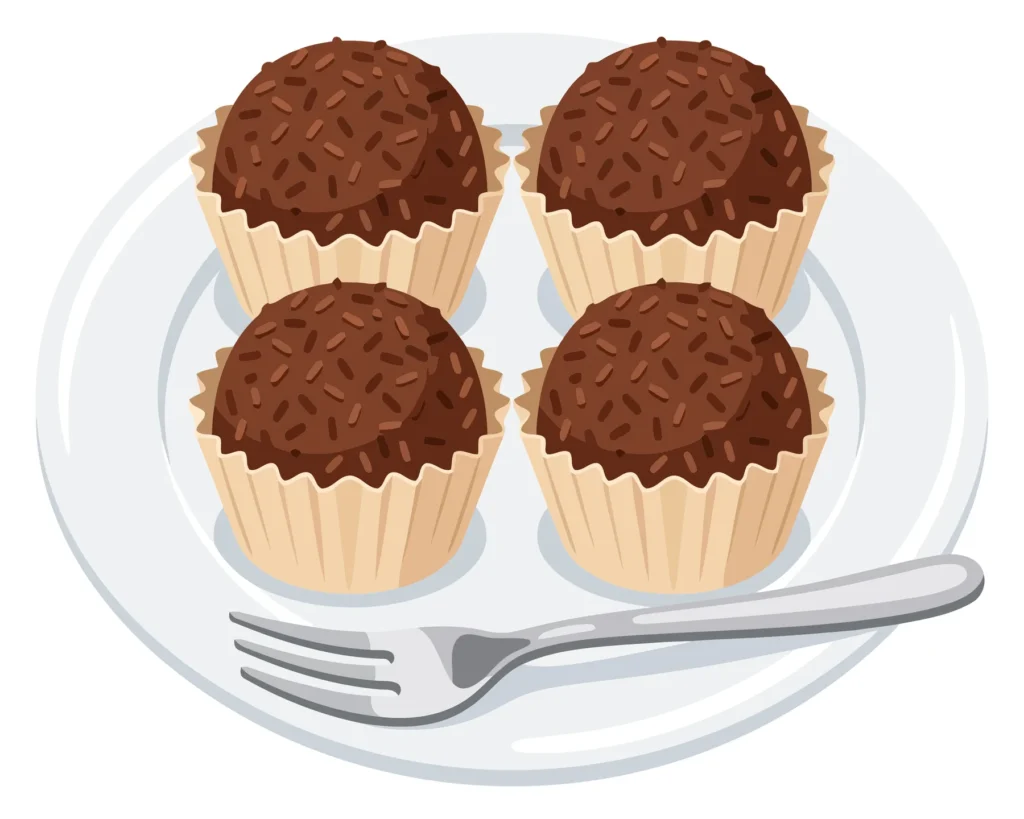 four delicious chocolate brigadeiros in paper cups on a white plate with a fork
