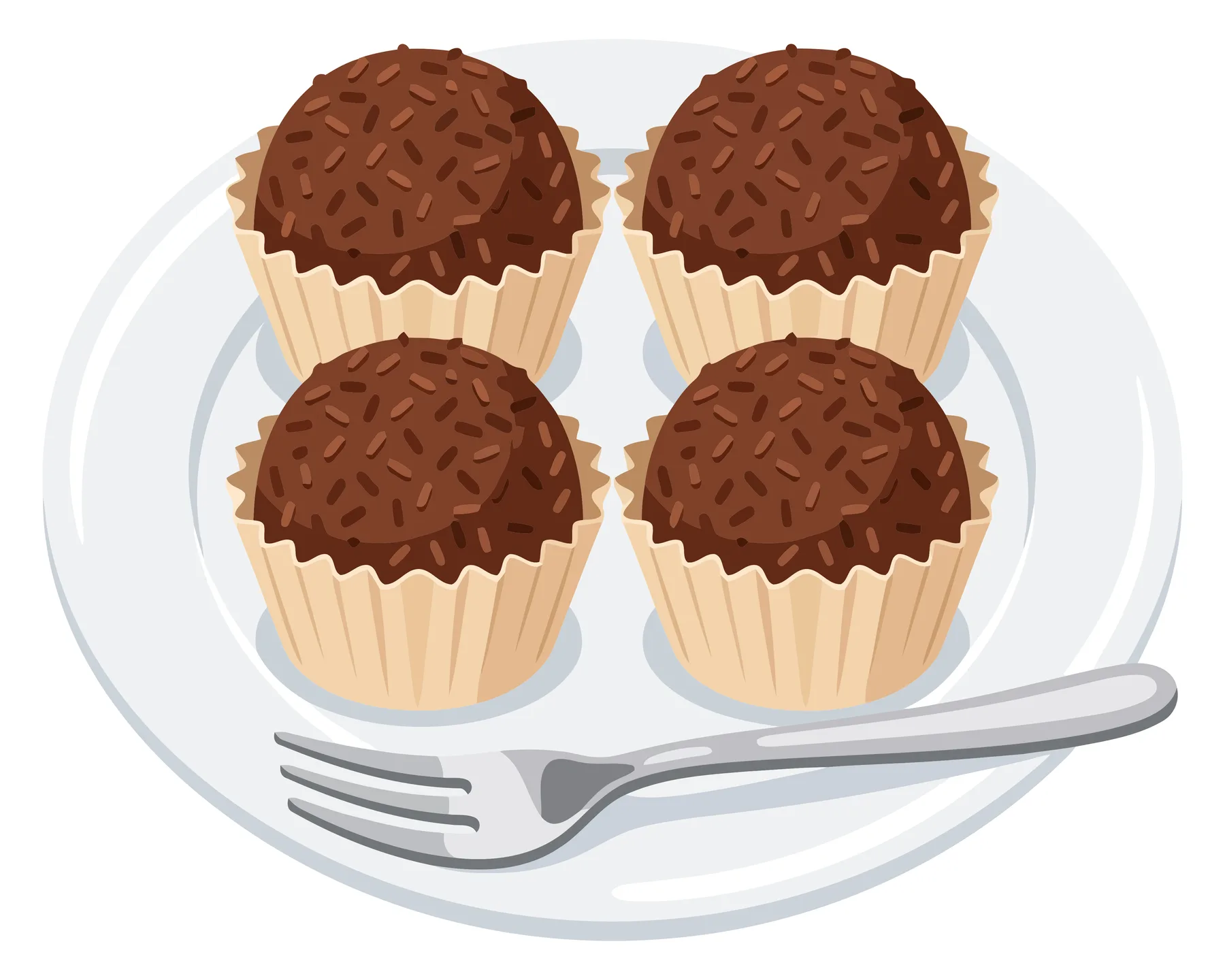 four delicious chocolate brigadeiros in paper cups on a white plate with a fork