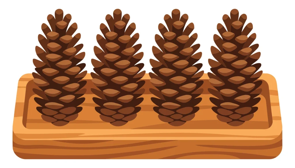 Four Pine Cones Arranged In A Row On A Rectangular Wooden Tray Isolated On White Background four pine cones arranged in a row on a rectangular wooden tray isolated on white background