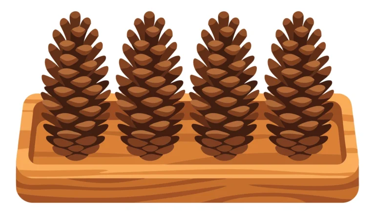 four pine cones arranged in a row on a rectangular wooden tray isolated on white background