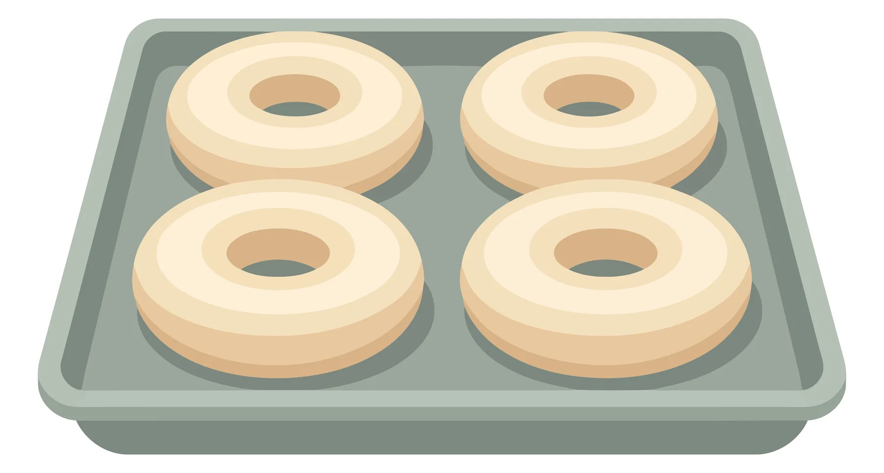 four raw dough donuts arranged on a rectangular metal baking sheet, topdown view of uncooked pastry rings ready for the oven, isolated vecto