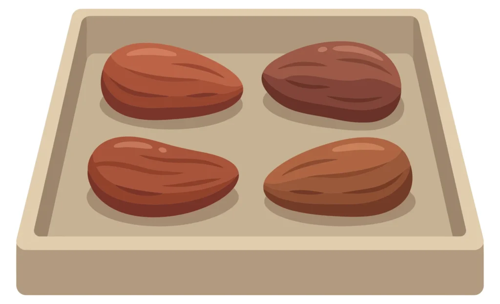 Four Raw Organic Almonds Arranged In A Square Pattern Inside A Simple Beige Tray, Topdown View Of Healthy Nut Snacks, Highquality Vector Ill four raw organic almonds arranged in a square pattern inside a simple beige tray, topdown view of healthy nut snacks, highquality vector ill