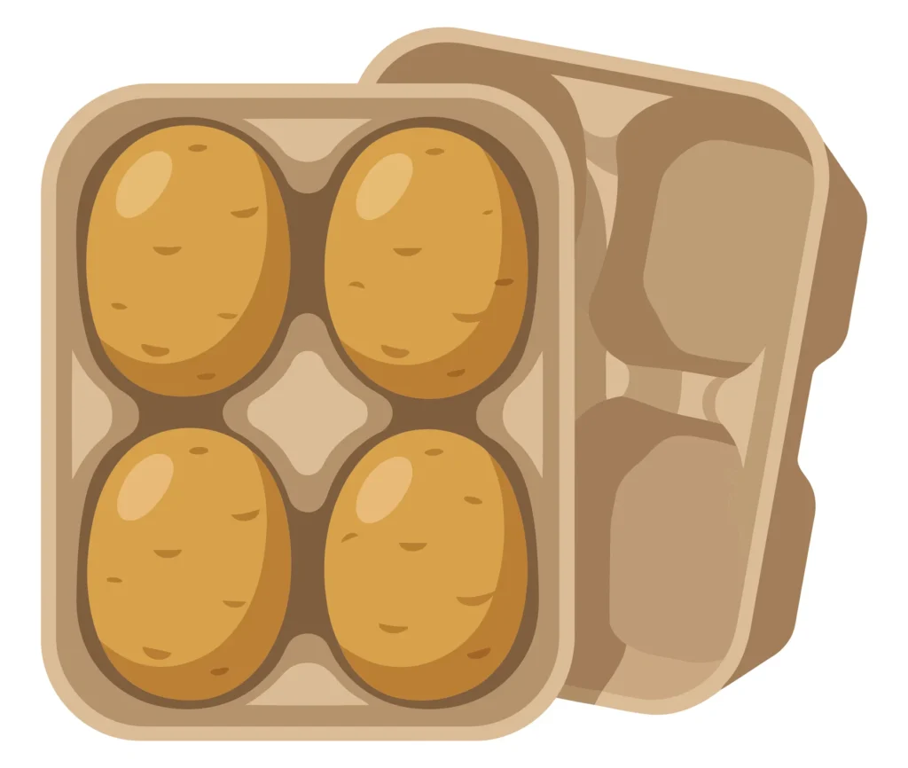 Four Raw Potatoes In A Cardboard Tray Container, Fresh Organic Vegetable Packaging, Isolated On White Background four raw potatoes in a cardboard tray container, fresh organic vegetable packaging, isolated on white background