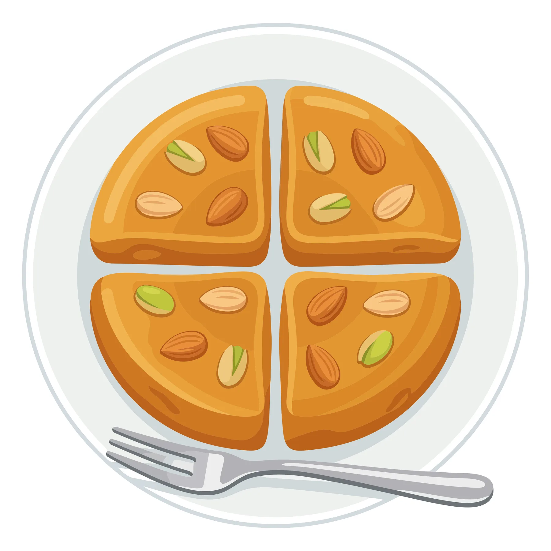 four slices of cake or pie with nuts on a white plate
