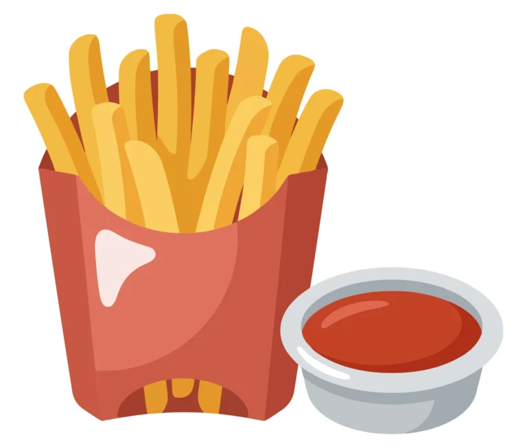 french fries in a red paper container with a small bowl of ketchup isolated on white background