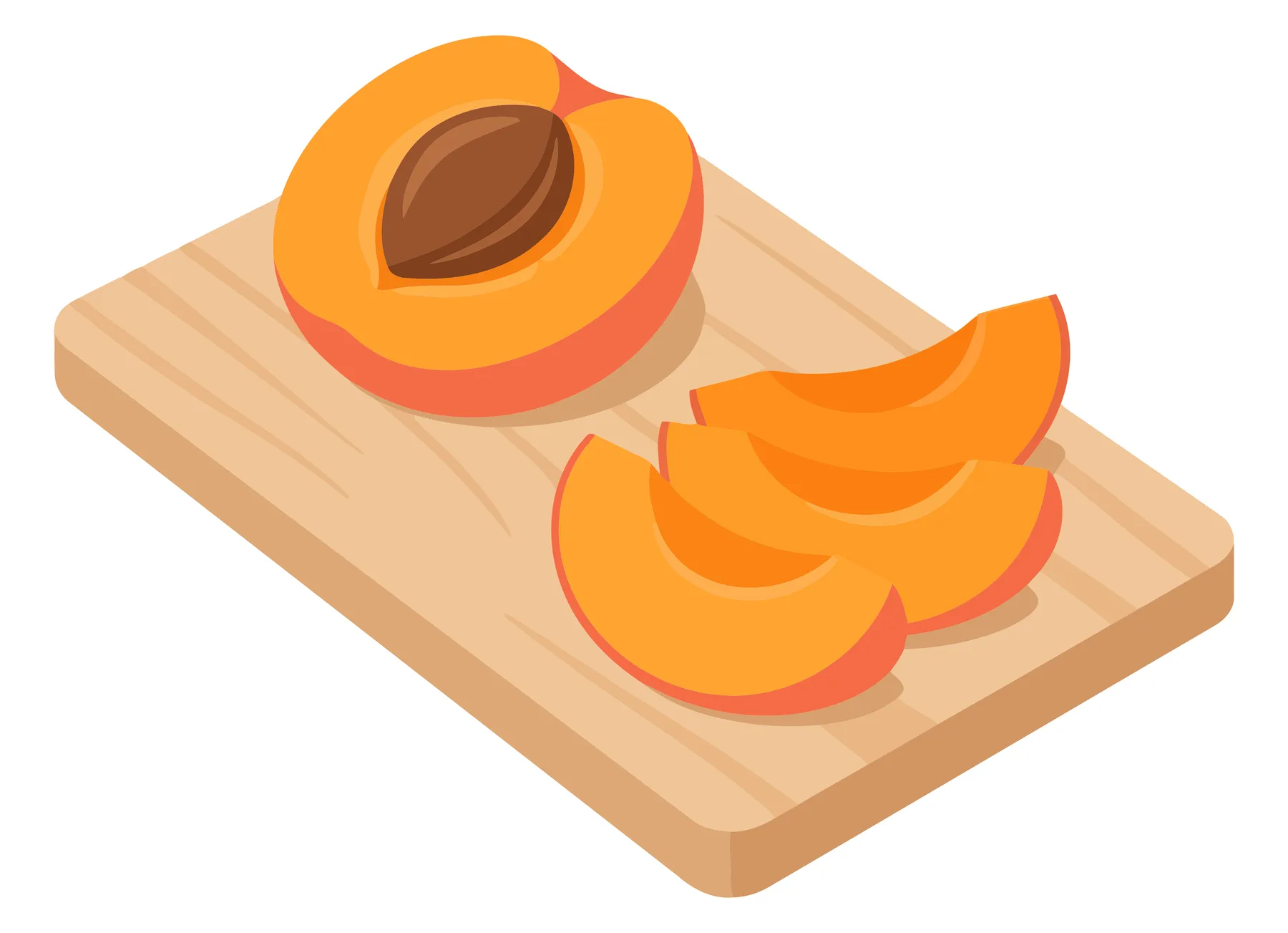 fresh apricot cut in half with a pit and several sliced pieces arranged on a wooden cutting board, isolated on white background