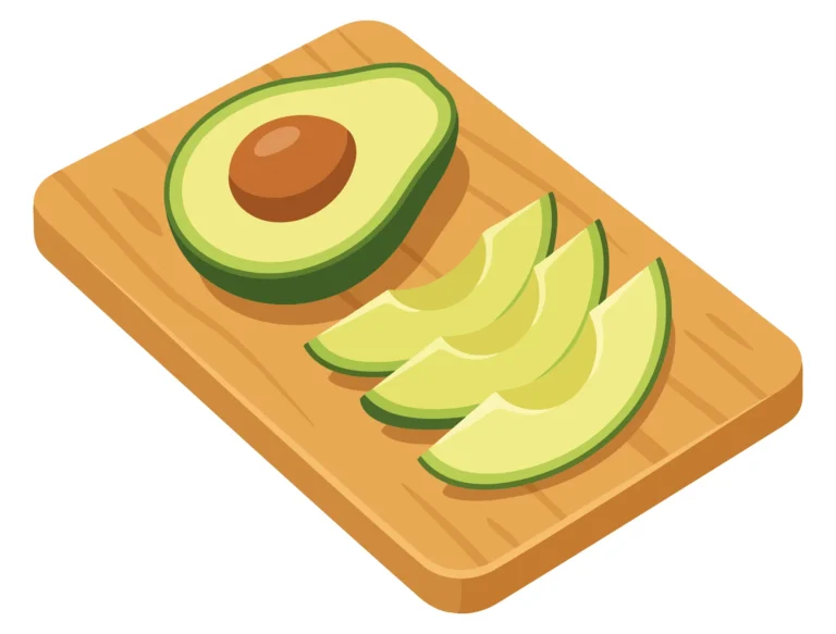 fresh avocado half with pit and three sliced pieces arranged on a wooden cutting board, top view illustration of healthy green fruit ingredi