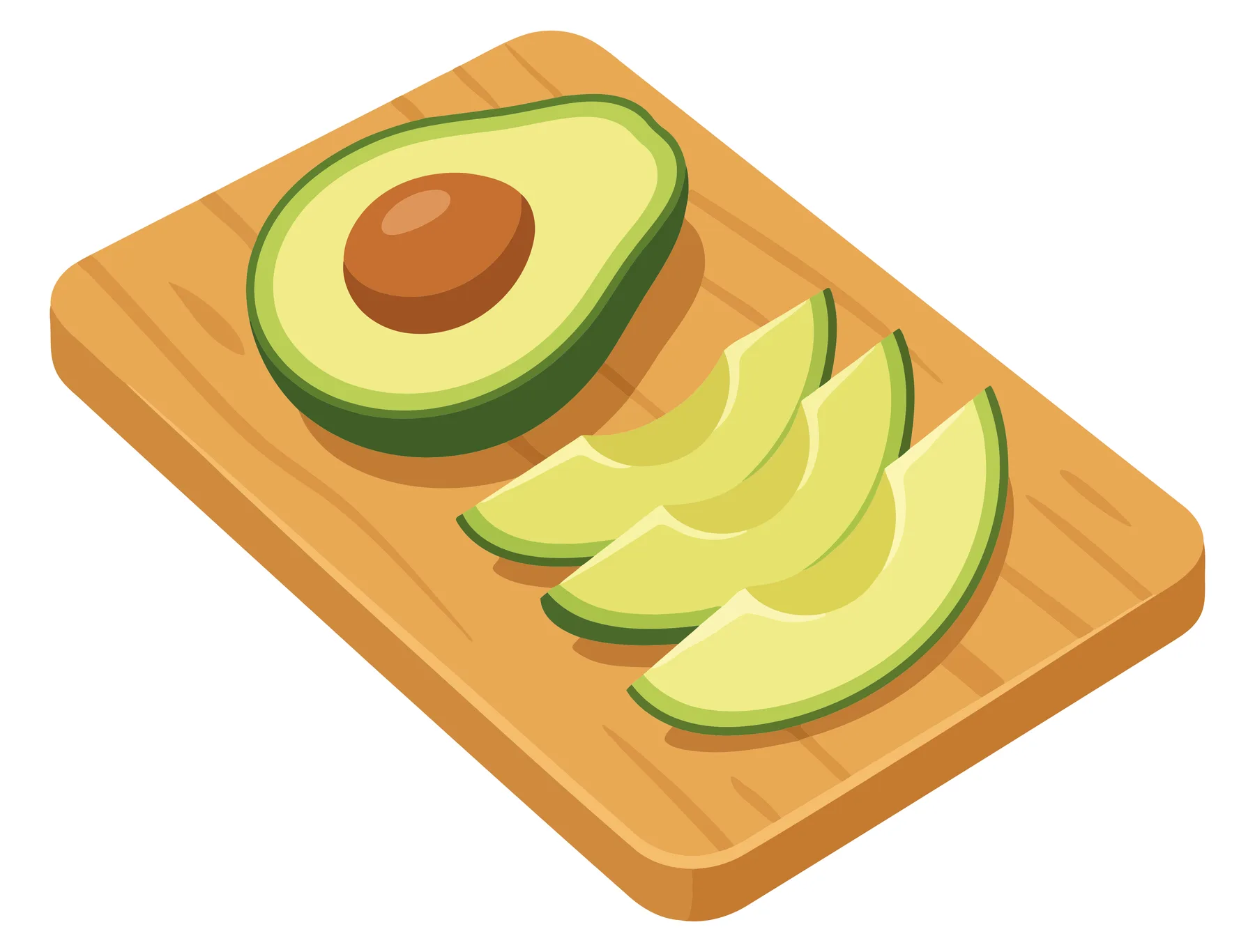 fresh avocado half with pit and three sliced pieces arranged on a wooden cutting board, top view illustration of healthy green fruit ingredi
