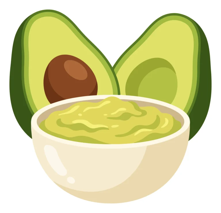 fresh avocado halves and a bowl of creamy guacamole dip, healthy vegetarian food illustration