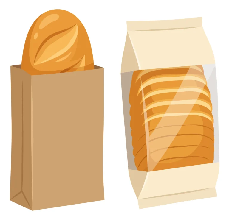 fresh bakery products including a loaf of crusty bread in a brown paper bag and a package of sliced sandwich bread isolated on white backgro