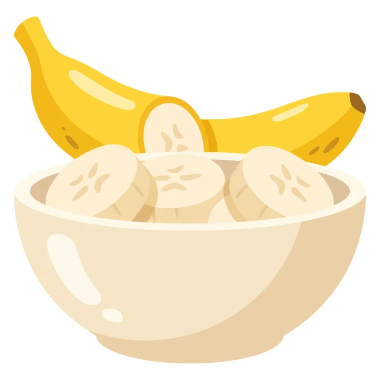 fresh banana slices in a ceramic bowl with a whole banana behind, healthy fruit snack illustration