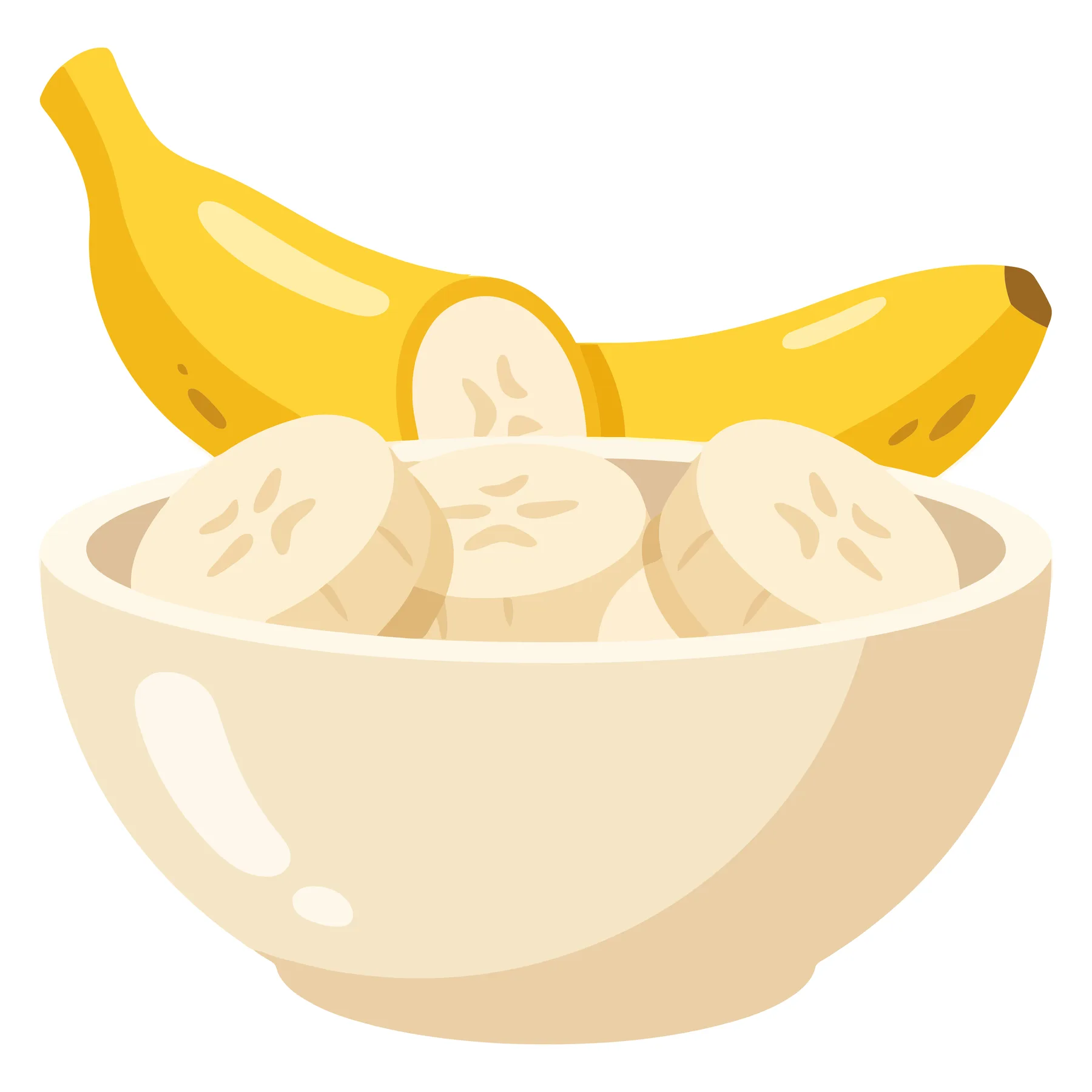 fresh banana slices in a ceramic bowl with a whole banana behind, healthy fruit snack illustration