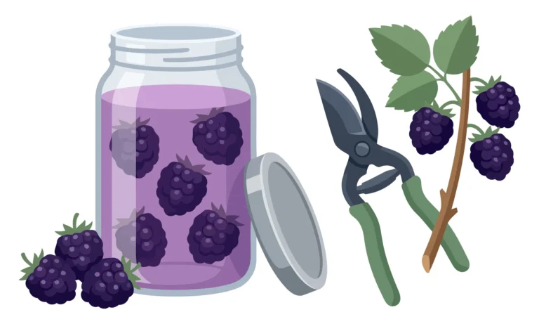 fresh blackberries in a glass jar with lid and garden shears, vector illustration of berry harvest and homemade jam preparation isolated on