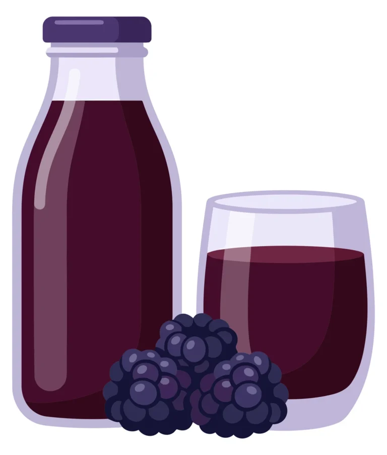 fresh blackberry juice in glass bottle and tumbler with ripe berries isolated on white