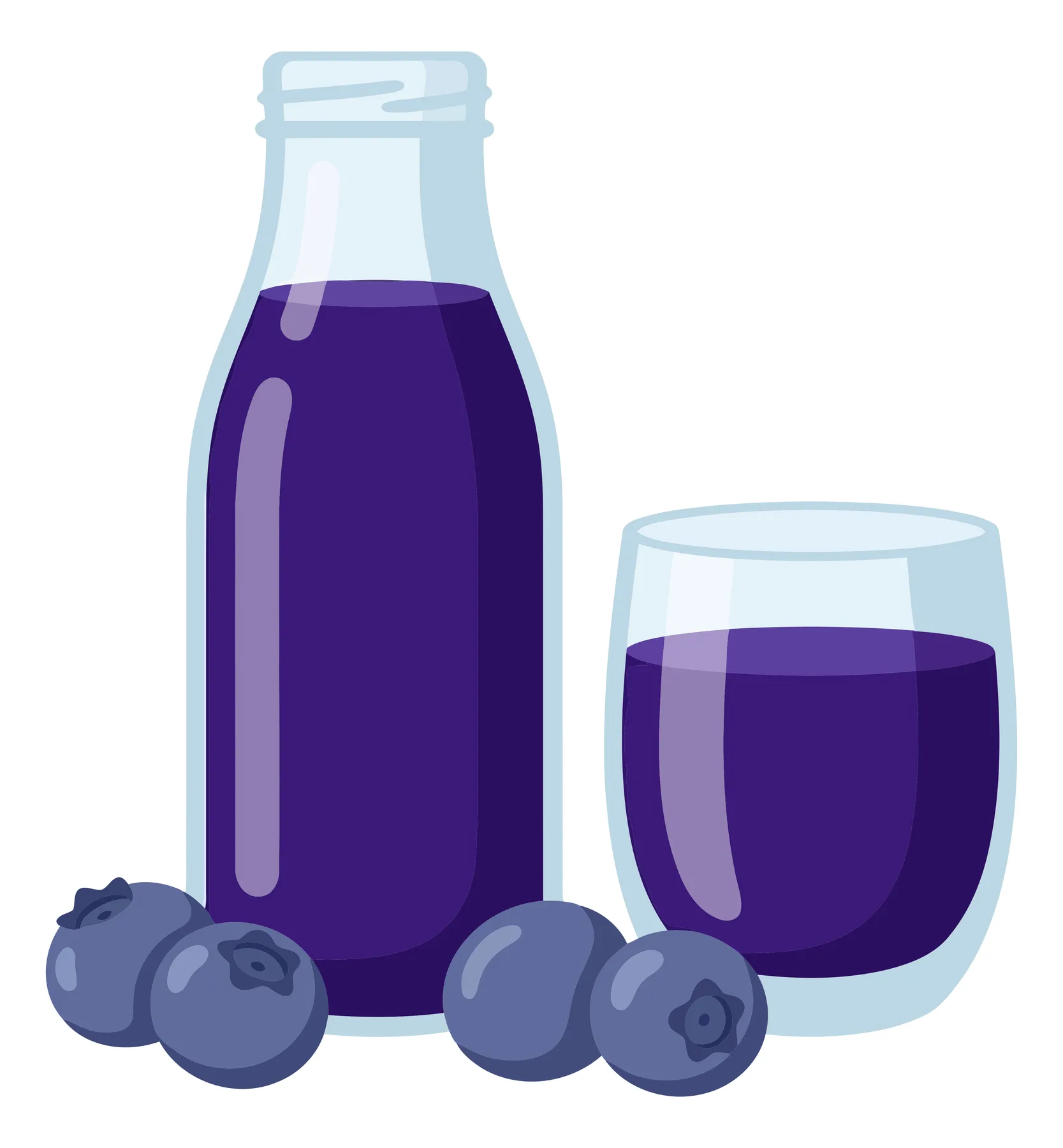 fresh blueberry juice in glass bottle and cup with fresh berries isolated on white