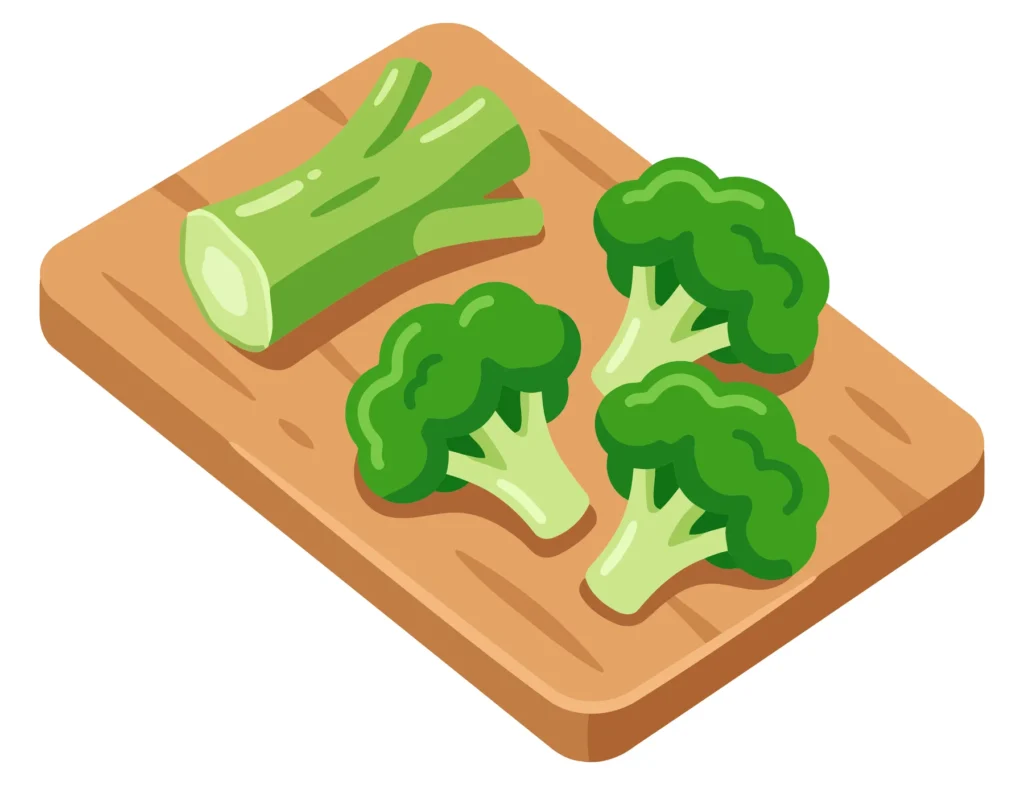 Fresh Broccoli Florets And A Cut Stalk On A Wooden Cutting Board, Top View, Vector Illustration Of Healthy Green Vegetables For Cooking Or M fresh broccoli florets and a cut stalk on a wooden cutting board, top view, vector illustration of healthy green vegetables for cooking or m