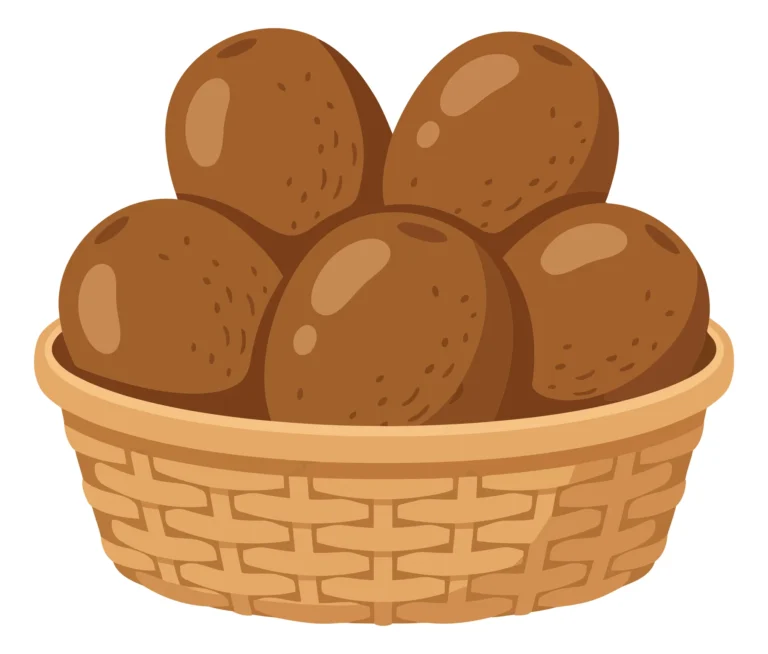 fresh brown coconuts in a woven basket isolated on white background