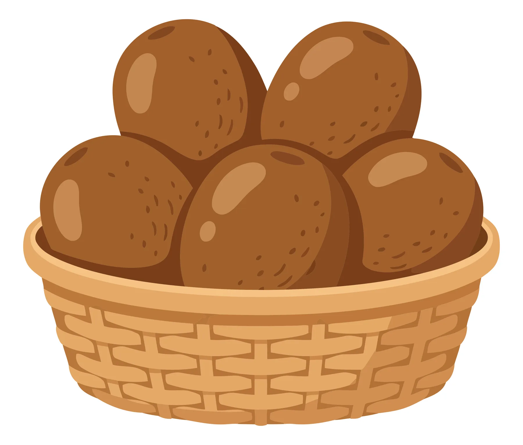 fresh brown coconuts in a woven basket isolated on white background