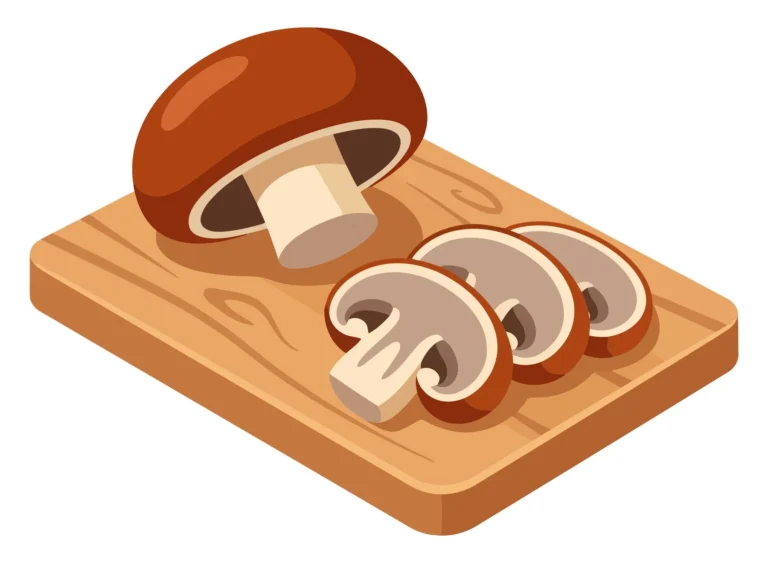 fresh brown cremini mushrooms on a wooden cutting board, whole mushroom and sliced pieces, culinary ingredient for cooking, vector illustrat