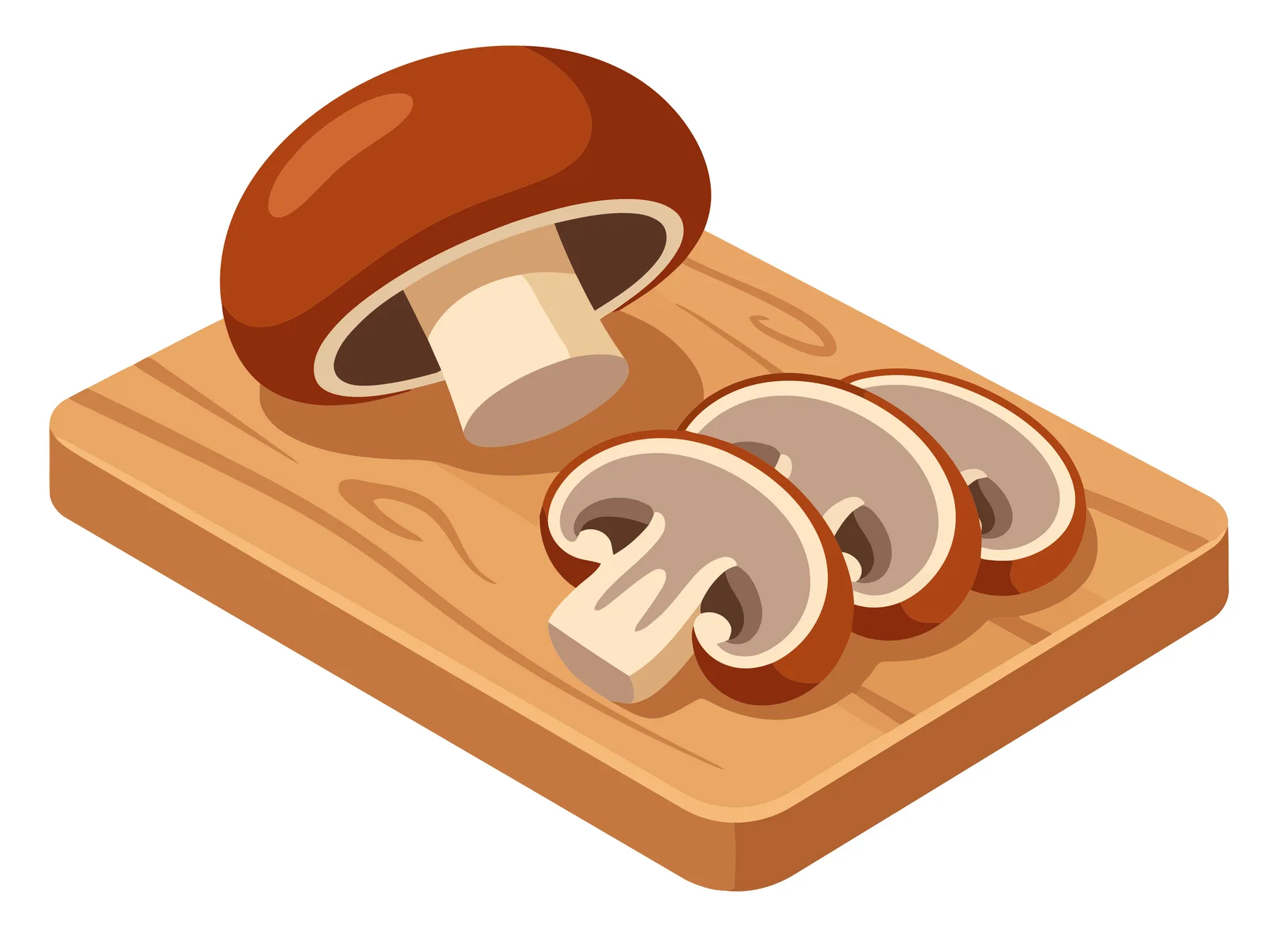 fresh brown cremini mushrooms on a wooden cutting board, whole mushroom and sliced pieces, culinary ingredient for cooking, vector illustrat