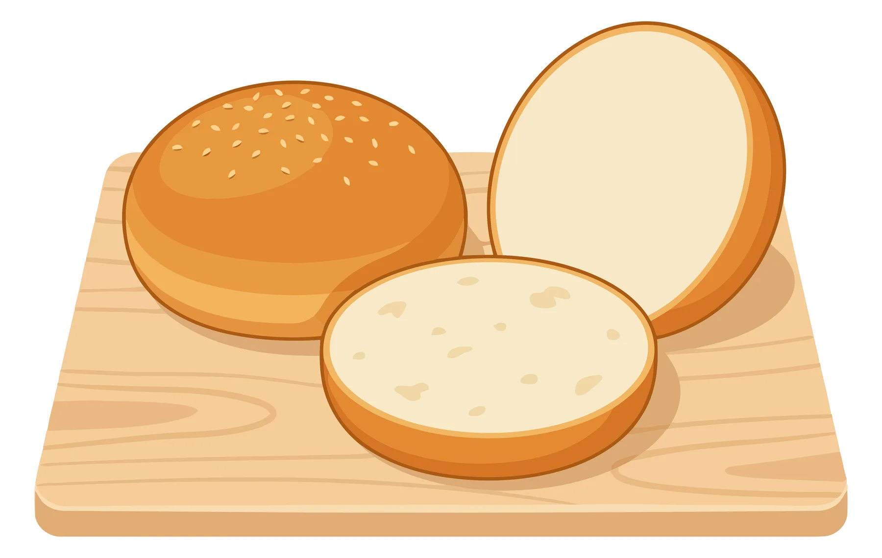 fresh burger buns on a wooden cutting board, including one whole sesame seed bun and two halves, perfect for homemade sandwiches and fast fo