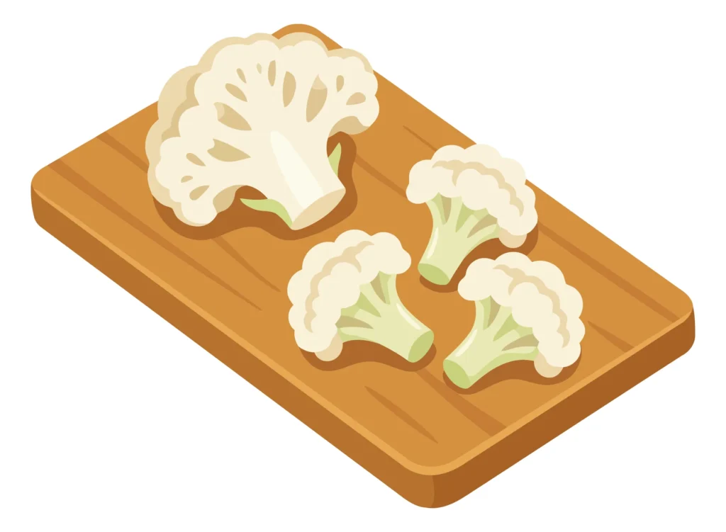 fresh cauliflower florets and a large piece of cauliflower head arranged on a wooden cutting board, vector illustration of healthy vegetable