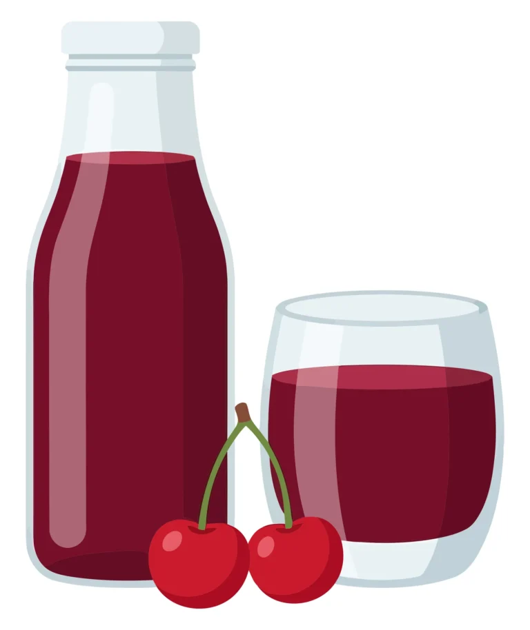 fresh cherry juice in a glass bottle and glass with ripe cherries
