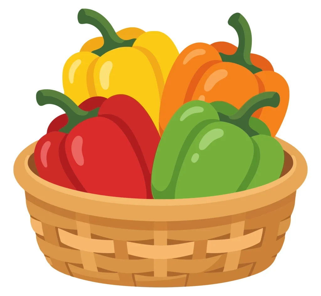 fresh colorful bell peppers in a woven basket, including red, yellow, orange, and green varieties, arranged neatly in a rustic container, vi