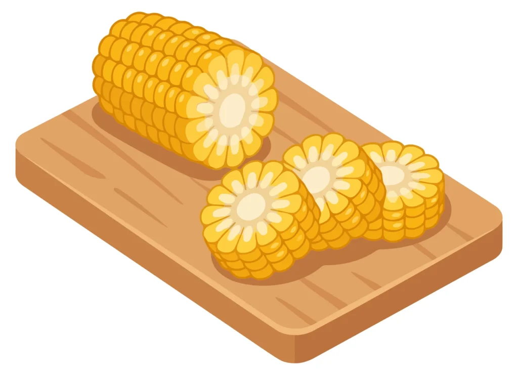 fresh corn cob cut into slices on a wooden cutting board, isolated on white background
