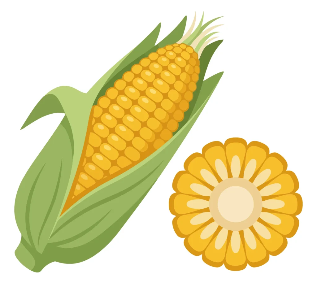 fresh corn cob with green husks and a sliced corn cross section isolated on white background