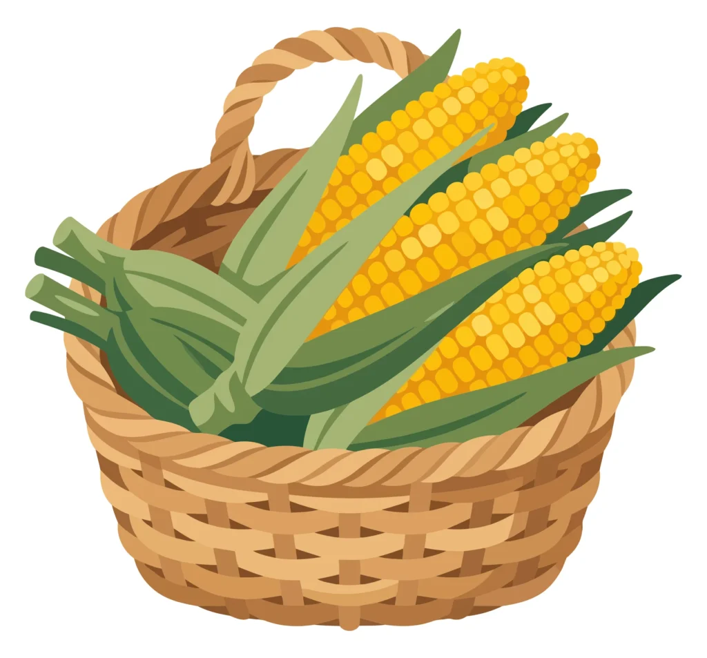 fresh corn cobs in a wicker basket isolated on white background