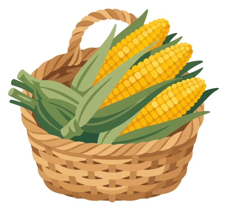 fresh corn cobs in a wicker basket isolated on white background