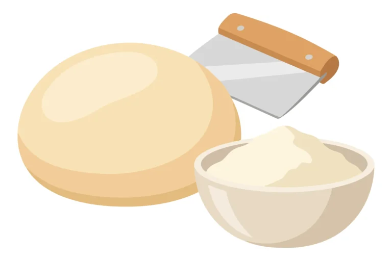 fresh dough ball, bowl of flour, and bench scraper vector illustration of ingredients and baking tools isolated on white background