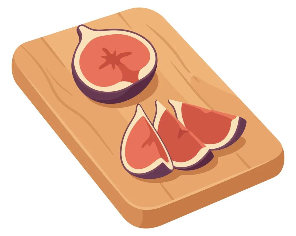Fresh Fig Fruit Cut In Half And Sliced Into Wedges On A Wooden Cutting Board, Vector Illustration Of Healthy Organic Food For Culinary Recip fresh fig fruit cut in half and sliced into wedges on a wooden cutting board, vector illustration of healthy organic food for culinary recip