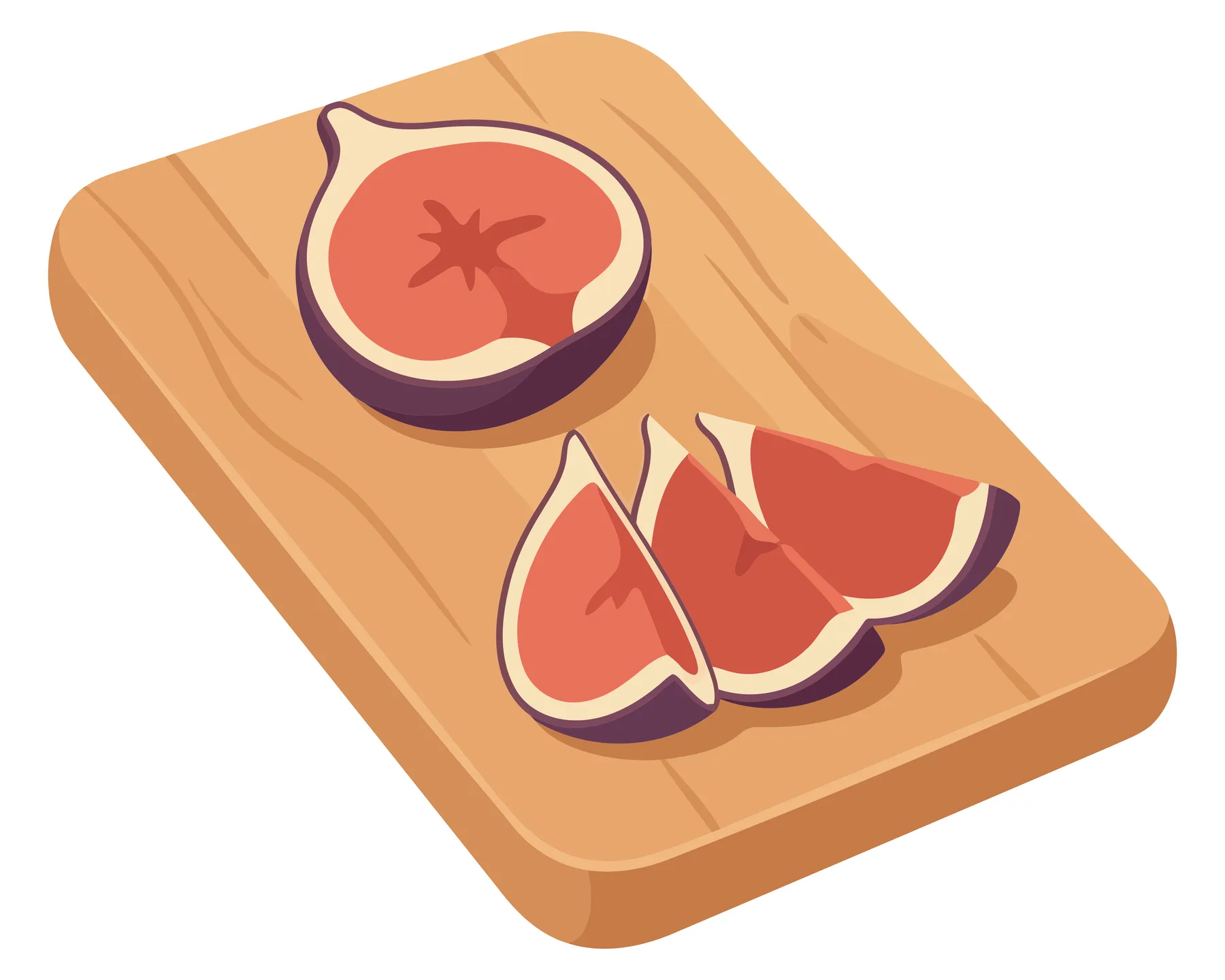 fresh fig fruit cut in half and sliced into wedges on a wooden cutting board, vector illustration of healthy organic food for culinary recip