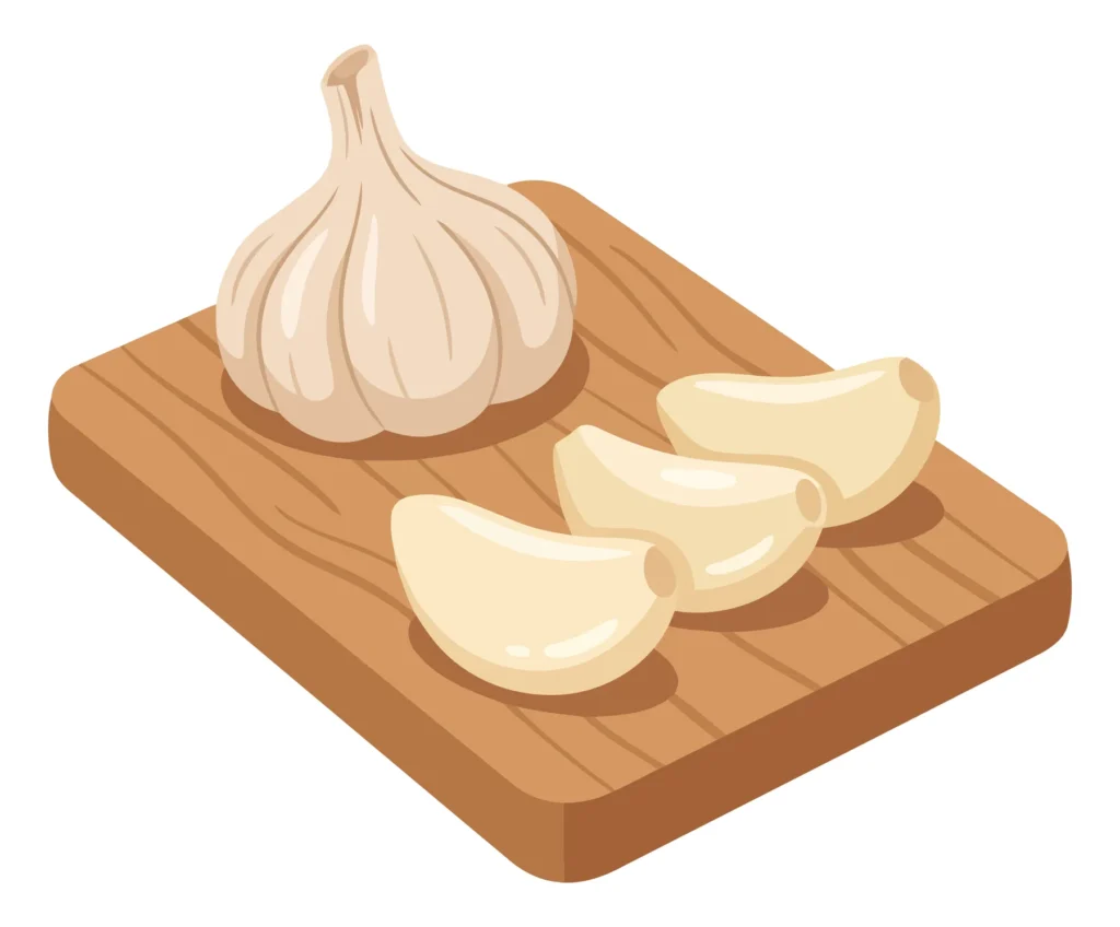 Fresh Garlic Bulb And Peeled Cloves On A Wooden Cutting Board, Culinary Ingredient For Healthy Cooking And Seasoning, Vector Illustration fresh garlic bulb and peeled cloves on a wooden cutting board, culinary ingredient for healthy cooking and seasoning, vector illustration