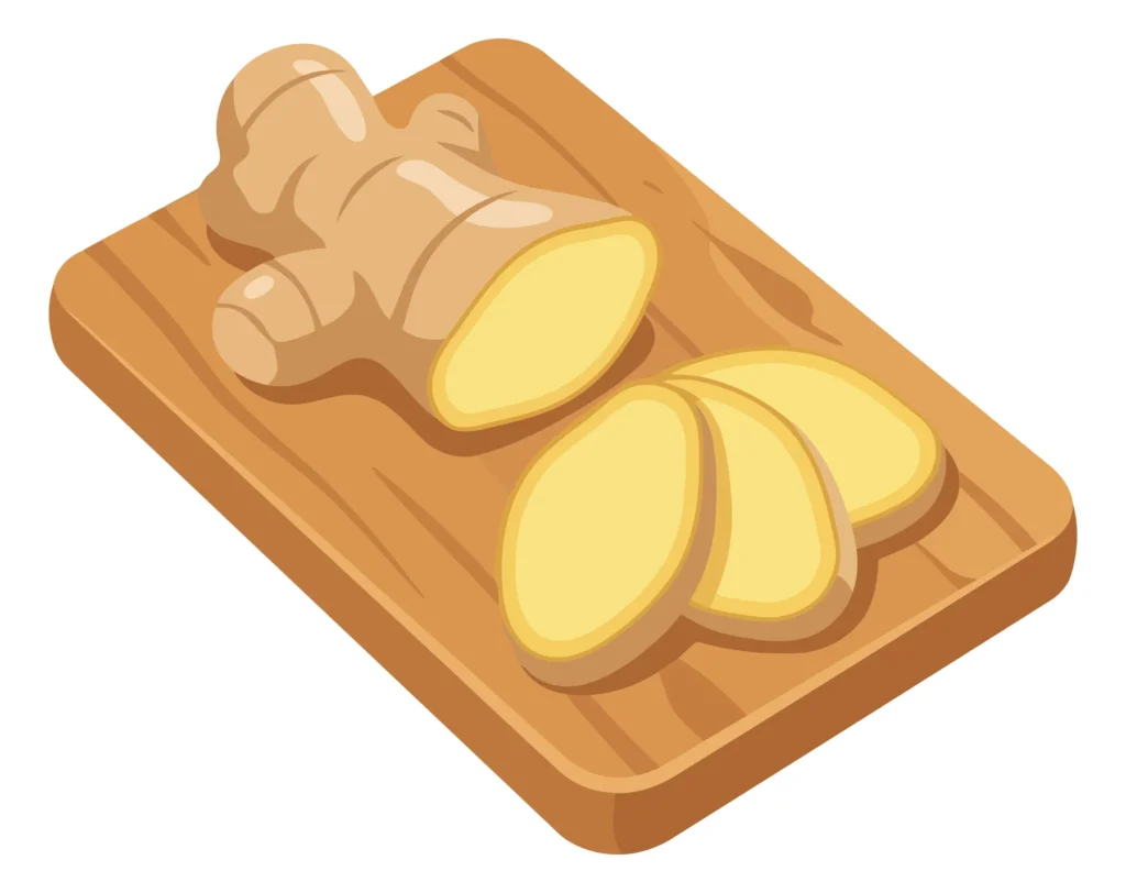 Fresh Ginger Root On A Wooden Cutting Board With Sliced Pieces, Vector Illustration Of Healthy Organic Spice Ingredient For Cooking And Food fresh ginger root on a wooden cutting board with sliced pieces, vector illustration of healthy organic spice ingredient for cooking and food