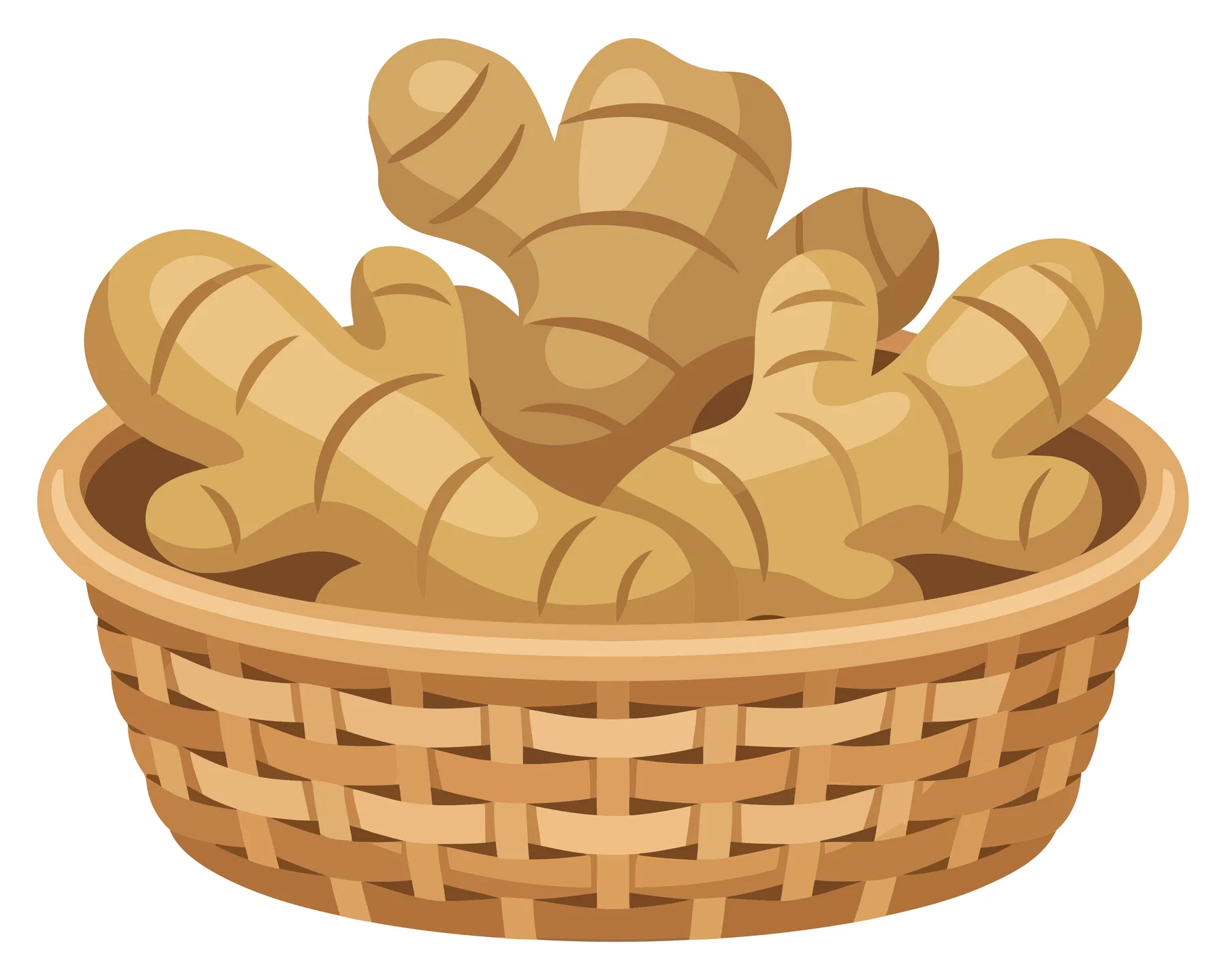 fresh ginger root pieces arranged in a woven wicker basket, organic spice ingredient for cooking and healthy tea, isolated on white backgrou
