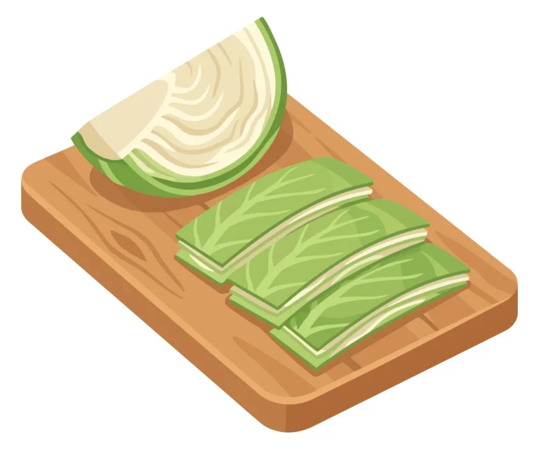 fresh green cabbage head cut into a wedge and sliced leaves arranged on a wooden cutting board, isometric vector illustration of raw vegetab