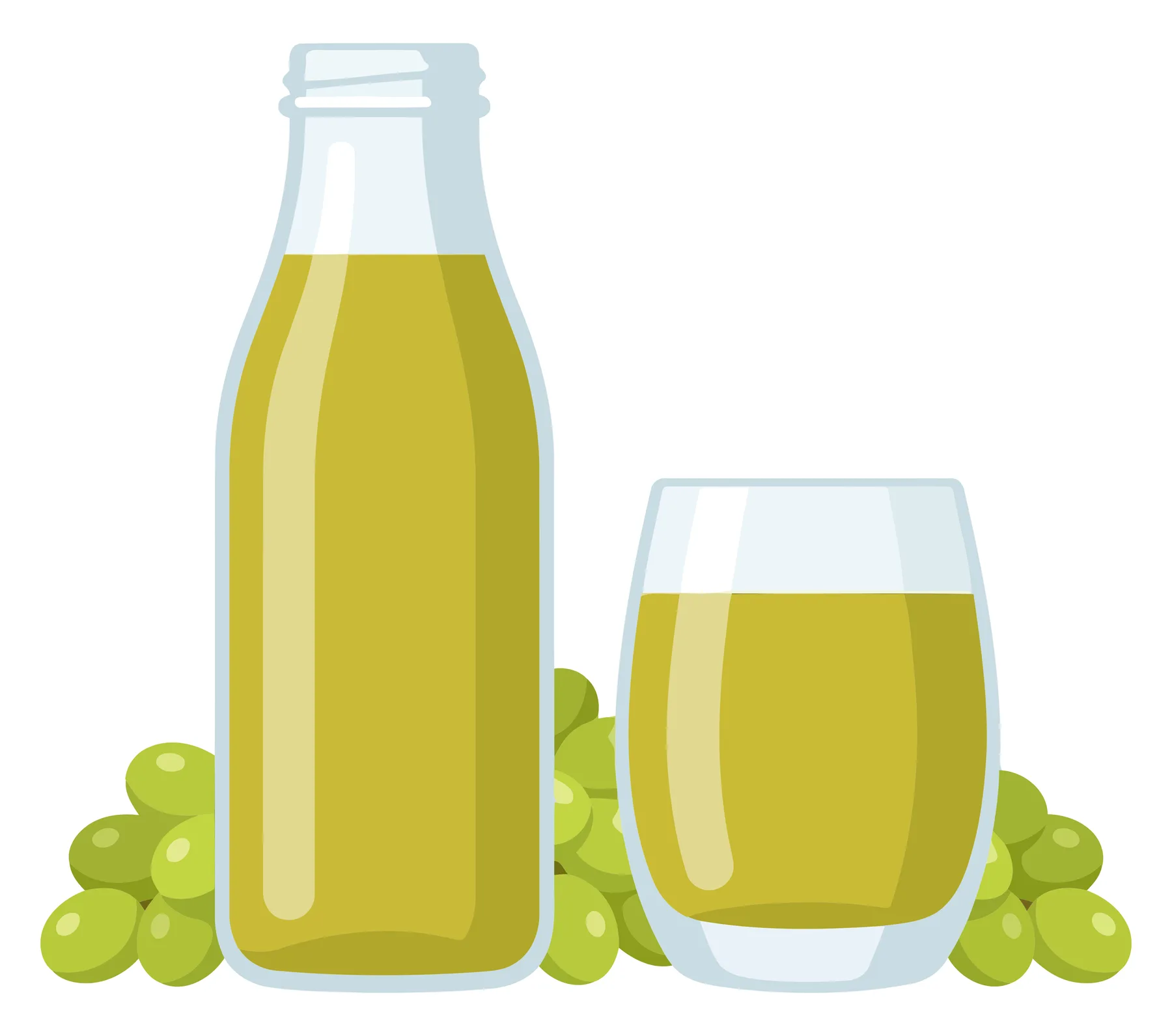 fresh green grape juice in a glass bottle and glass with grapes
