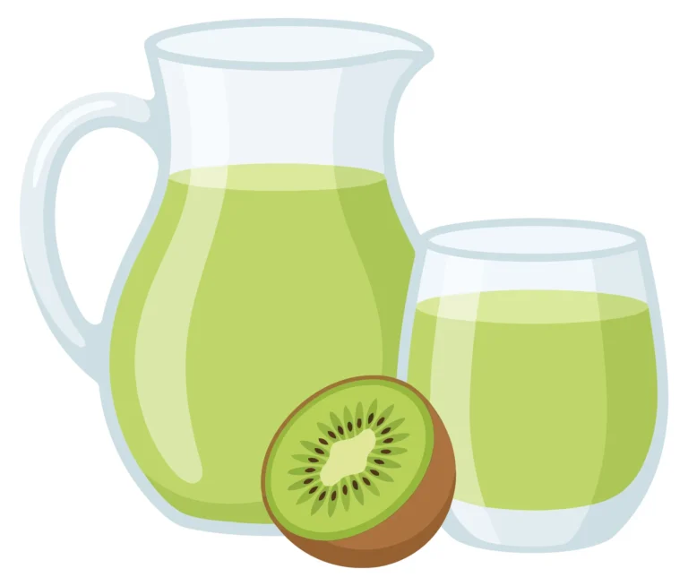 fresh green kiwi juice in glass pitcher and cup with half fruit isolated on white background