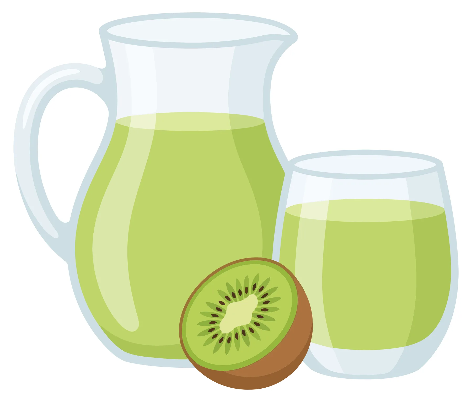 fresh green kiwi juice in glass pitcher and cup with half fruit isolated on white background