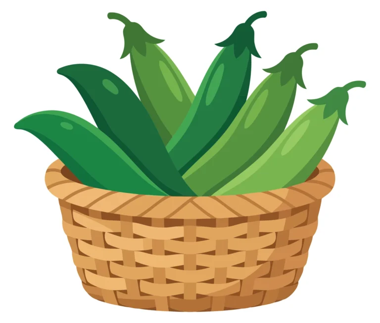 fresh green pea pods in a woven wooden basket, organic vegetable harvest, healthy garden produce, vector illustration isolated on white back