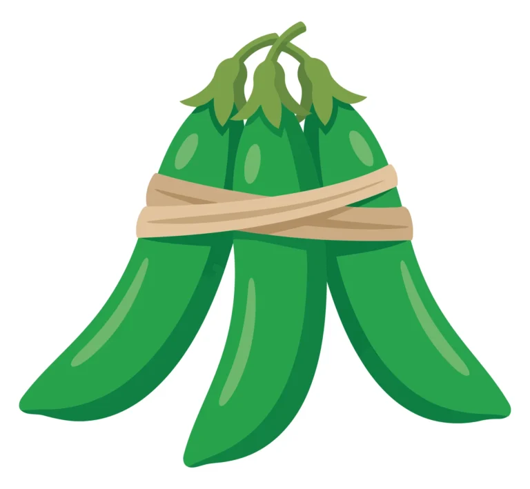 fresh green pea pods tied together with a rubber band