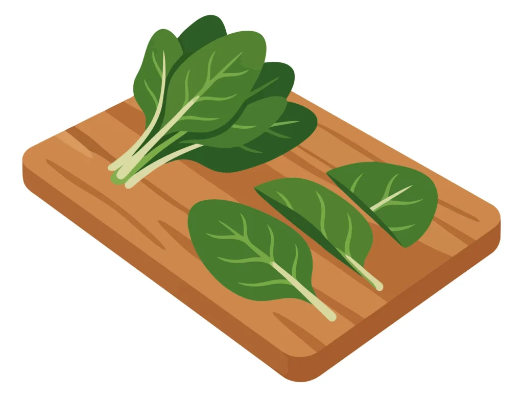 fresh green spinach leaves bunch and chopped pieces on a wooden cutting board, healthy organic vegetable ingredient for cooking, flat vector