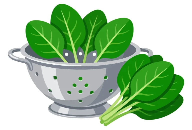 fresh green spinach leaves in a metal colander and a bunch isolated on white background