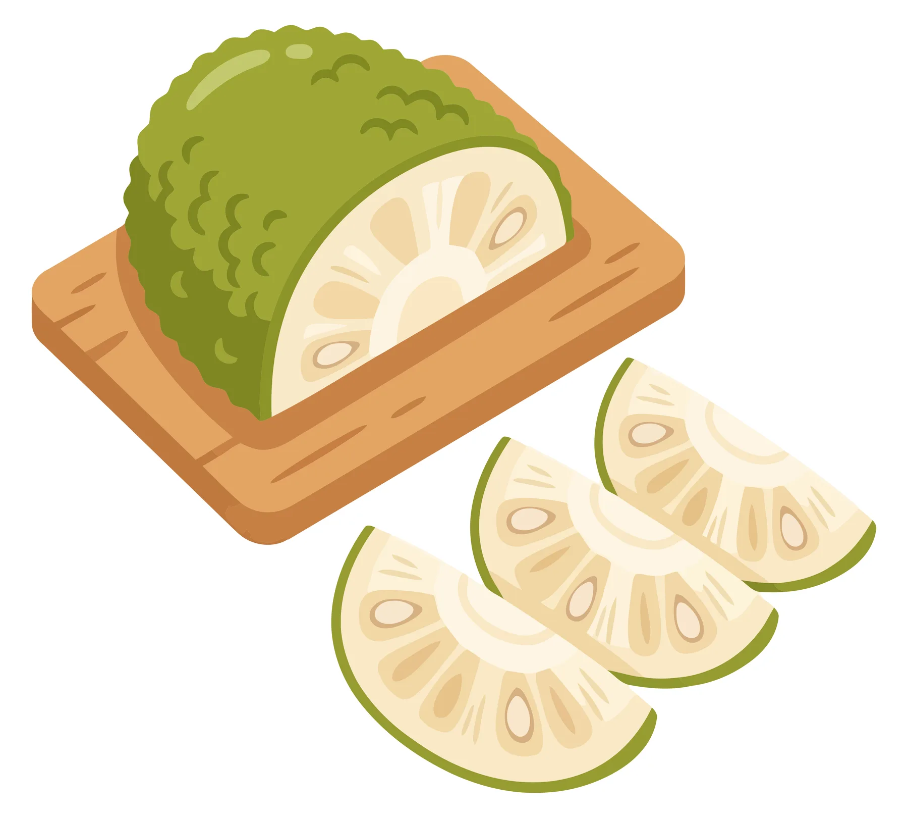 fresh jackfruit half and slices on a cutting board