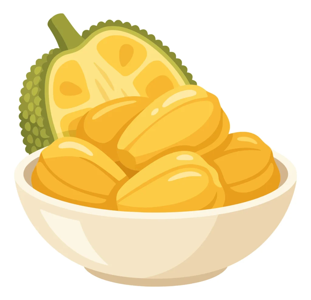 fresh jackfruit pieces served in a white bowl with a half jackfruit in the background, tropical fruit illustration