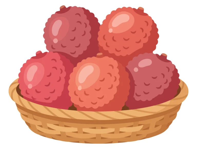 fresh litchi fruits in wooden basket isolated on white background