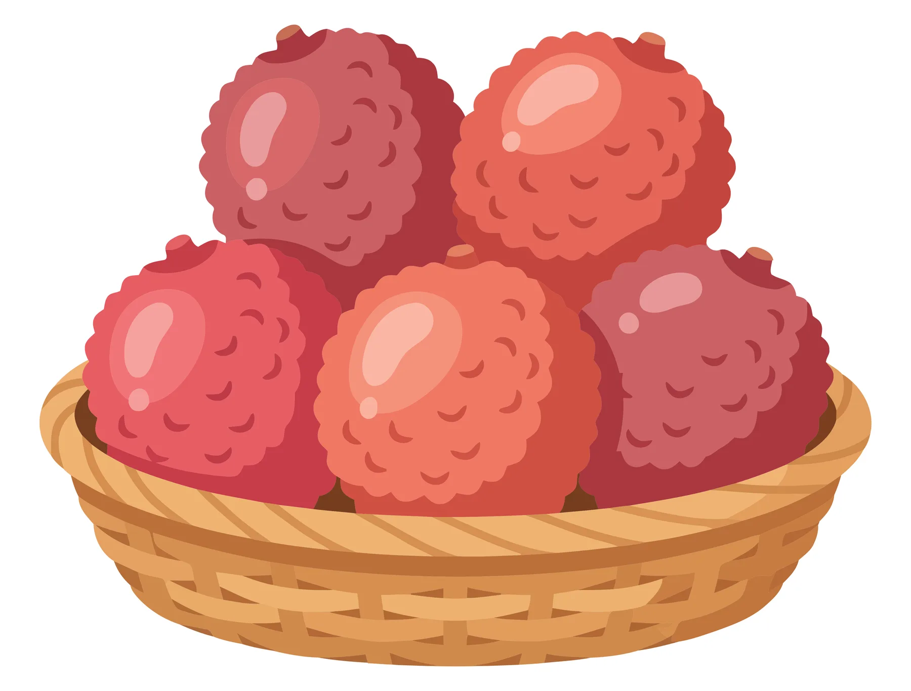 fresh litchi fruits in wooden basket isolated on white background